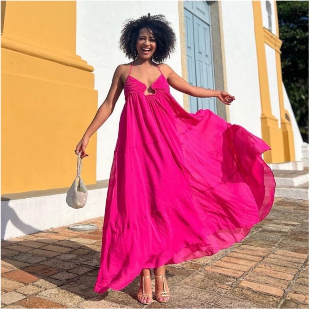 New Zara Pink Chiffon Flowy Open Back Maxi Dress Blogger Favorite NWT SM…